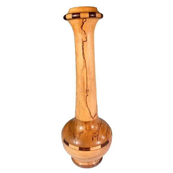 Vintage 10.5" Turned Spalted Beech & Segmented Maple Marquetry Bud Vase Signed - Picture 6 of 11